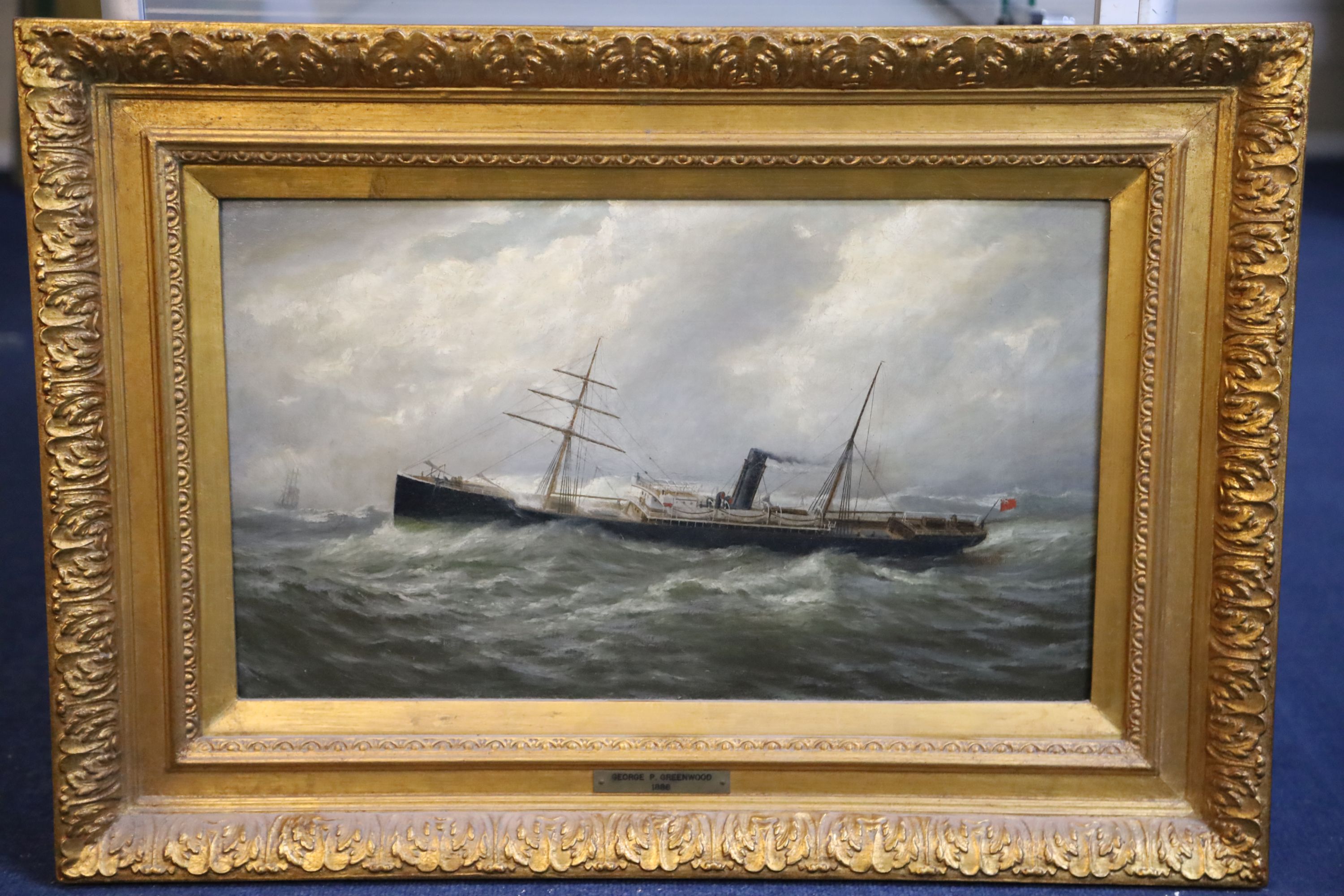 George Parker Greenwood (1850-1904) Steamship at sea 11.5 x 19.75in.